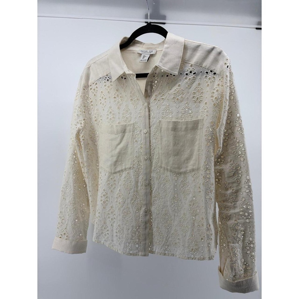 Rachel Zoe Cotton Linen Rayon Eyelet Ivory Button Up Blouse, Women's Size‎ Large